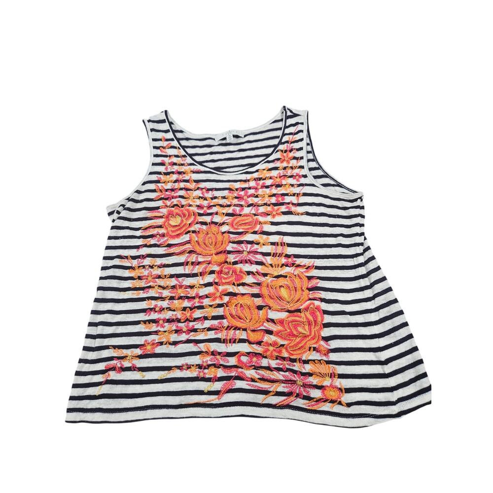 Fever Linen Blend Embroidered Floral Striped Tank Top Boho Swing M